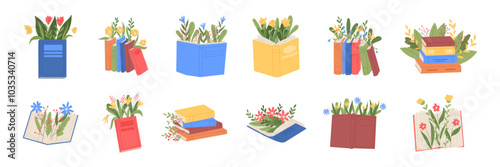 Flower book. Reading literature. Wildflower bouquet. Vintage school blooms. Floral art. Open textbook with leaves and blossoms. Education knowledge. Colorful library. Fantasy stories vector garish set