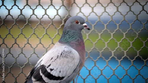 A pigeon is standing in front of a metal fence. The bird is looking at the camera. The fence is made of metal and has a pattern of squares