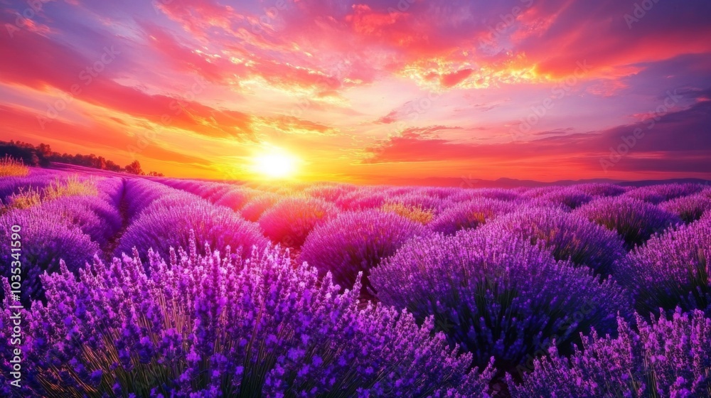 Lavender Field at Sunset with Bright Orange Sky Lavender Field at Sunset with Bright Orange Sky