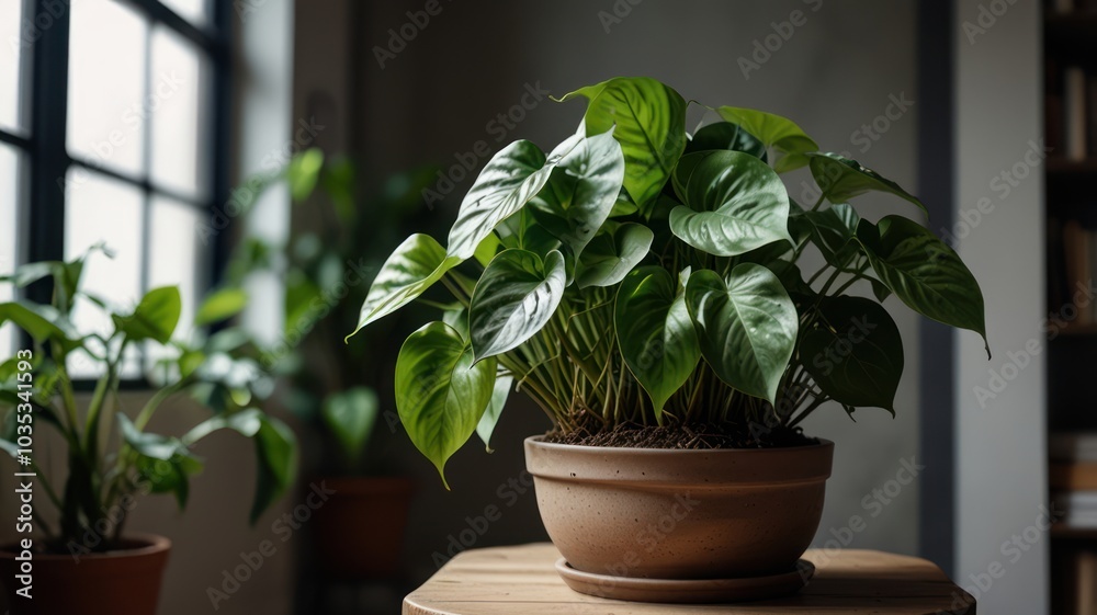 A large potted plant with green leaves sits on a wooden table in front of a window.