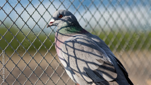 A pigeon is standing in front of a chain link fence. The bird is looking at the camera