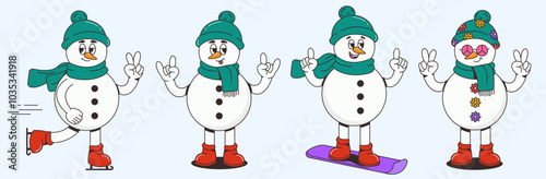 Merry Christmas and Happy New Year Retro Snowman Characters. Groovy Vintage Holiday Mascot in Hippie Style. Nostalgic Festive Season with Winter Sports. Trendy Vector Illustration for Holiday Designs