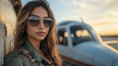 Female Pilot in Military Aviation Gear Walking on Airfield with Vintage Fighter Jet in Background – Empowering Woman in Aviation, Air Force, and Military Setting photo