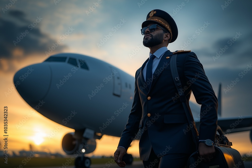 Indian pilot confidently standing by airplane at dusk in full professional uniform Indian pilot confidently standing by airplane at dusk in full professional uniform
