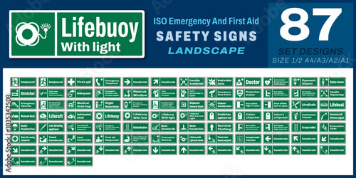 87 set iso emergency and first aid safety signs v42_lifebuoy with light_landscape size 1/2 a4,a3,a2,a1	
