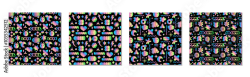 Holographic seamless pattern. Y2K holo stickers. Icons metal texture. Futuristic foil pack. Gradient hologram. Metallic smile. Abstract silver label. Iridescent flower. Vector garish backgrounds set