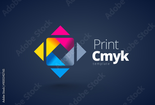 Logo Printing CMYK color theme. Abstract geometric figure. Template design vector. Black background.