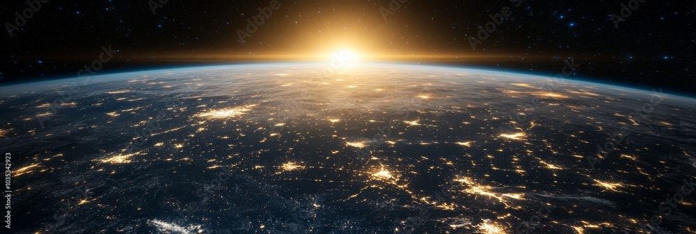 Obraz premium Sunrise over Earth from space. City lights illuminate the continents. 3D illustration.