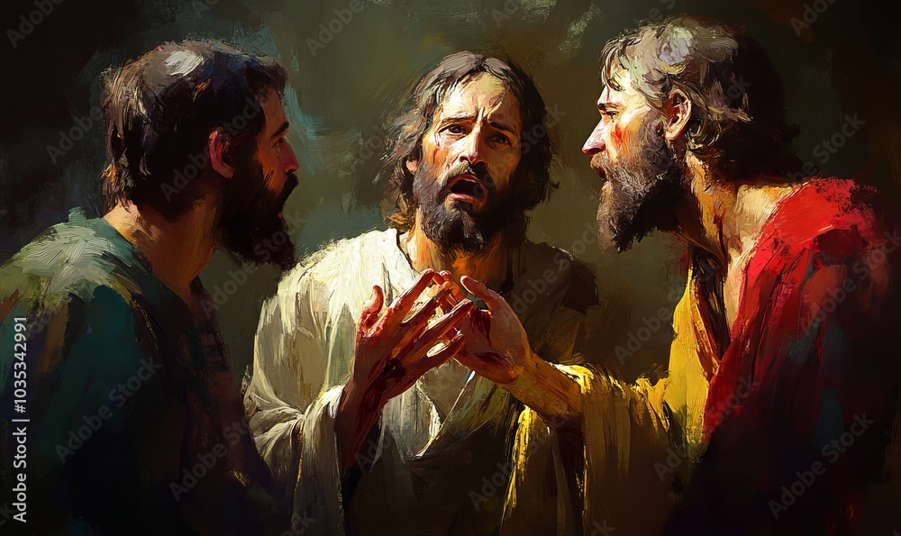 Obraz premium The Incredulity of Saint Thomas. Doubting Thomas. Jesus showing his crucifixion wounds. Digital painting, Generative AI