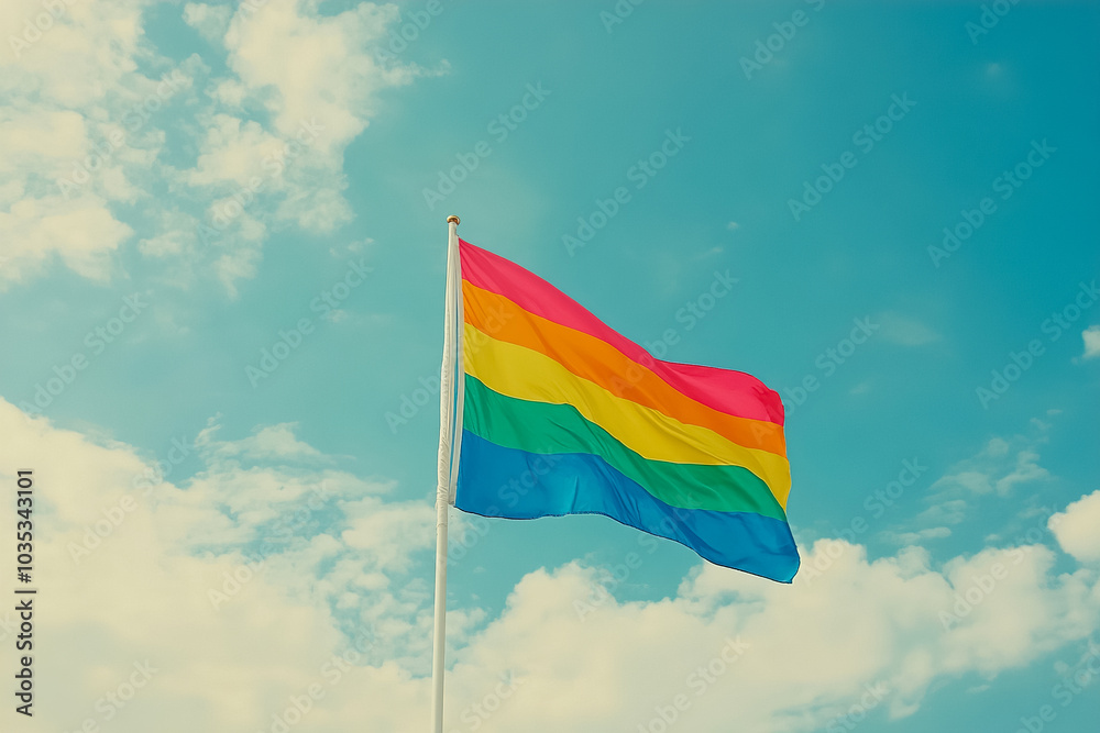Colorful rainbow flag waving proudly against a bright blue sky with white clouds during a sunny day at a public celebration. Generative AI Colorful rainbow flag waving proudly against a bright blue sky with white clouds during a sunny day at a public celebration. Generative AI