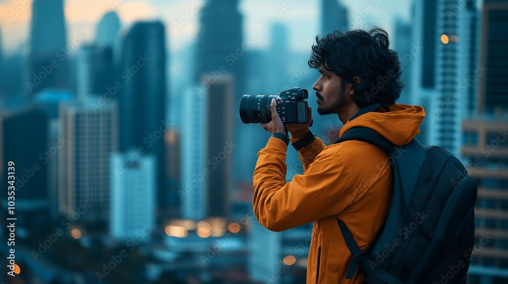 Indian man photographing cityscape in yellow jacket with camera and backpack Indian man photographing cityscape in yellow jacket with camera and backpack