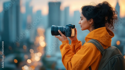 Indian woman photographing city skyline in yellow hoodie during sunset