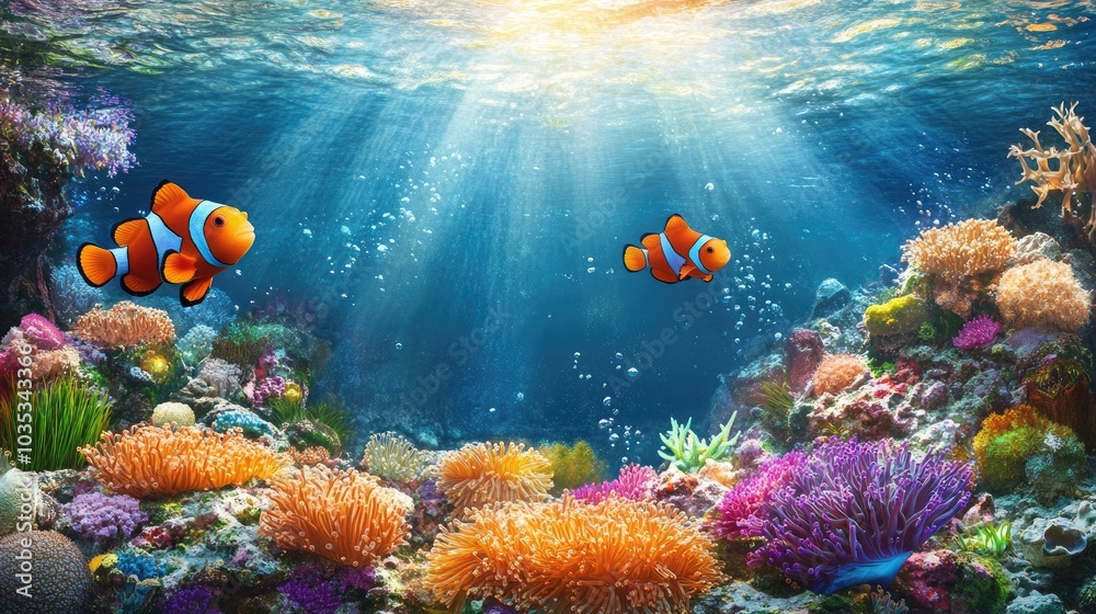 Naklejka premium Vibrant coral reef with fish. A beautiful underwater scene perfect for showcasing the beauty of the ocean.