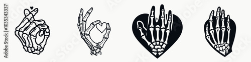 Skeleton Hand Gesture Over Heart on White Background