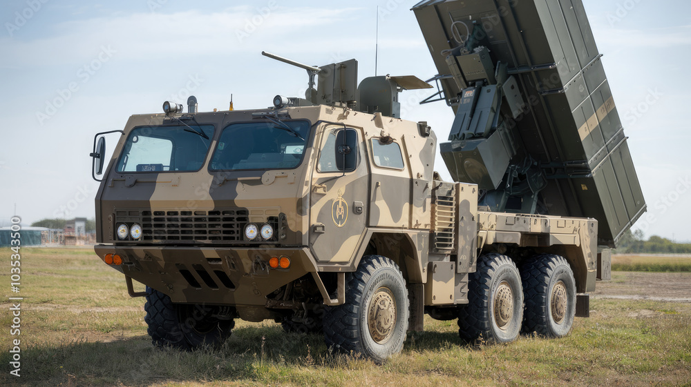 A military vehicle with a large rocket on top of it. The vehicle is parked on a grassy field A military vehicle with a large rocket on top of it. The vehicle is parked on a grassy field