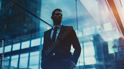 Confident Businessman in Suit Standing in Modern City