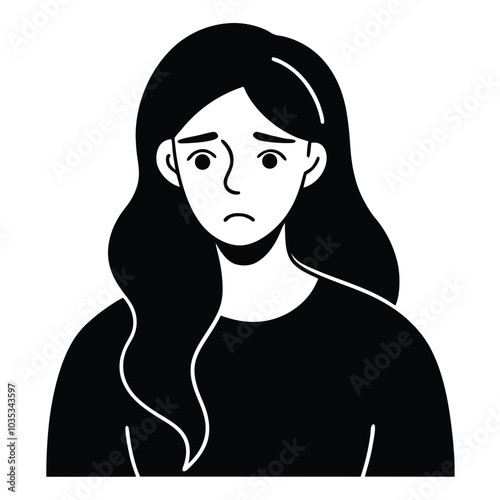 Continuous line drawing of young woman feeling sad, tired and worried suffering from depression in mental health black vector illustration on white background