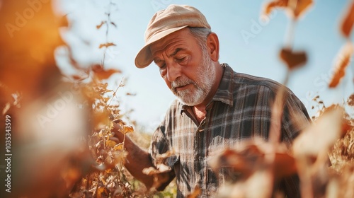 A man in a plaid shirt examines a field. The photo can be used for articles on farming and agriculture. photo