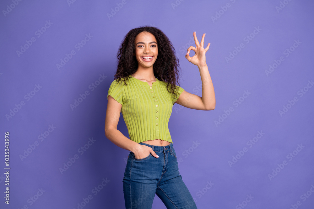 Photo portrait of lovely teen lady show okey approve dressed stylish green garment isolated on purple color background Photo portrait of lovely teen lady show okey approve dressed stylish green garment isolated on purple color background