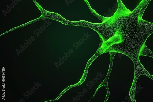 Abstract illustration of a green neuron network on a dark background, showcasing connectivity and biology.