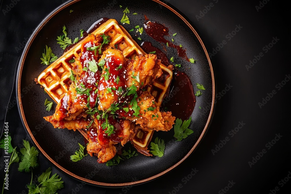 A delicious serving of fried chicken on waffles topped with barbecue sauce and fresh parsley on a dark plate A delicious serving of fried chicken on waffles topped with barbecue sauce and fresh parsley on a dark plate