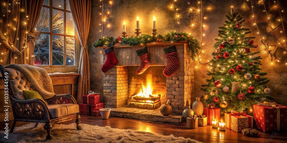 Fototapeta premium Cozy Burning Fireplace Background for Christmas and New Year Greetings