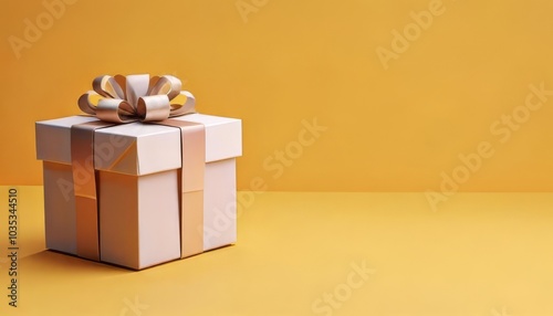 A beautifully wrapped gift box with a decorative bow sits against a bright yellow background, symbolizing celebration and surprise.