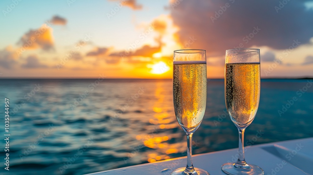 Enjoy a refreshing glass of champagne on a luxury catamaran as the sun sets over the ocean. This tropical vacation is the perfect way to relax and celebrate. Enjoy a refreshing glass of champagne on a luxury catamaran as the sun sets over the ocean. This tropical vacation is the perfect way to relax and celebrate.