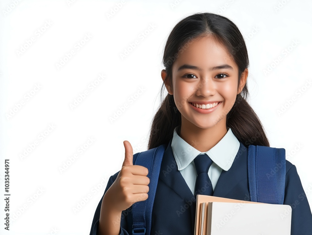 Happy Schoolgirl in Uniform Giving Thumbs Up While Holding Books and Backpack Happy Schoolgirl in Uniform Giving Thumbs Up While Holding Books and Backpack