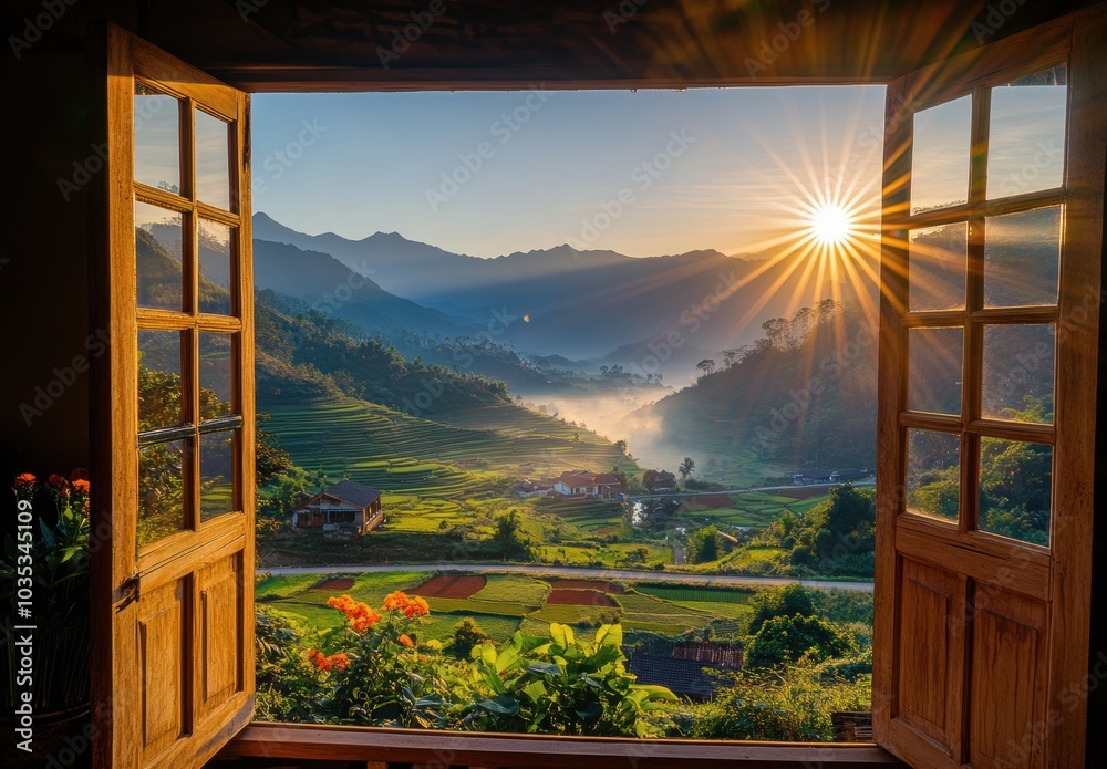 Sunrise View Through Window. Sunrise View Through Window.
