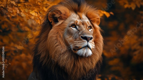 A majestic lion with a thick mane, set against a backdrop of autumn foliage.