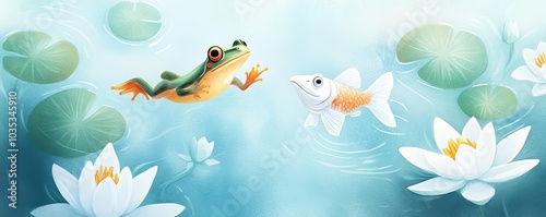 A frog and a fish leaping in sync through water lilies, watercolor style, frog, fish, playful and rhythmic