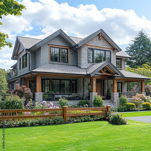 A modern two-story house with a stone facade, a covered porch, and a wooden fence in front.