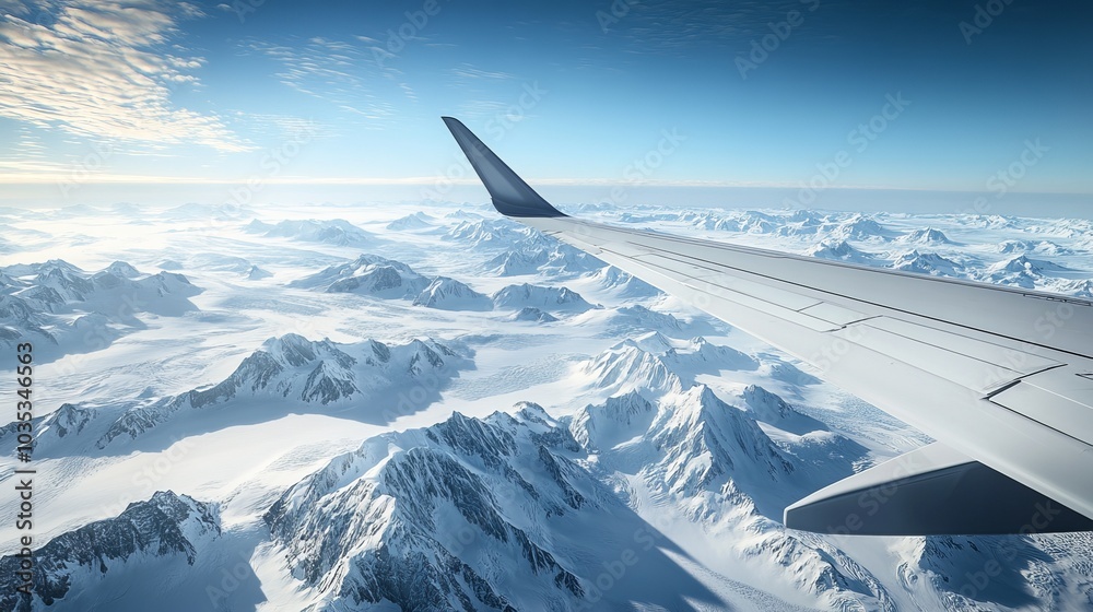 Fly over a winter wonderland in the Arctic, with snow-covered mountains reaching towards the sky. From above, see the frozen landscape of Antarctica on a clear day Fly over a winter wonderland in the Arctic, with snow-covered mountains reaching towards the sky. From above, see the frozen landscape of Antarctica on a clear day
