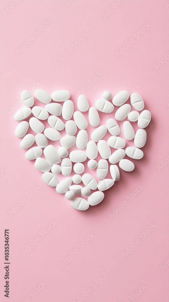 White Pills Arranged in a Heart Shape on Pink Background White Pills Arranged in a Heart Shape on Pink Background