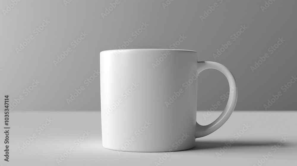 A plain white mug sits on a light gray surface. A plain white mug sits on a light gray surface.