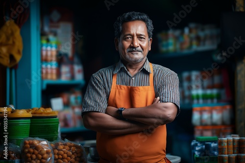 Proud Indian Kirana Shop Owner Standing Confidently in His Grocery Store photo