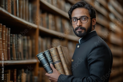 Male Attorney Holding Law Books in Library, Representing Legal Authority, Knowledge, and Confidence photo