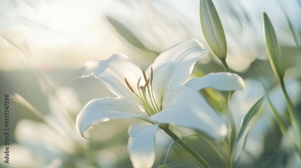 Fototapeta premium Close-up of a Delicate White Lily Blossom in Sunlight