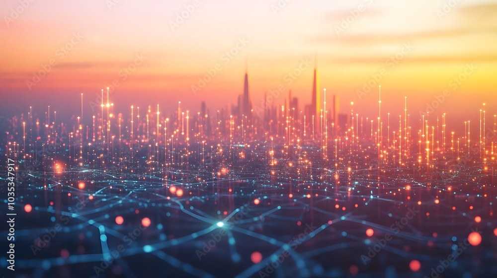 Smart city and abstract dot point connect with gradient line. Smart city and abstract dot point connect with gradient line.