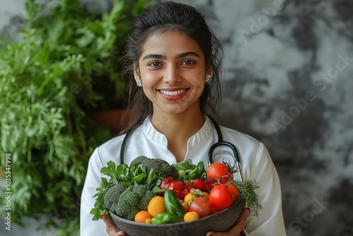 Smiling Indian Nutritionist Holding Fresh Vegetables, Promoting Healthy Eating and Wellness