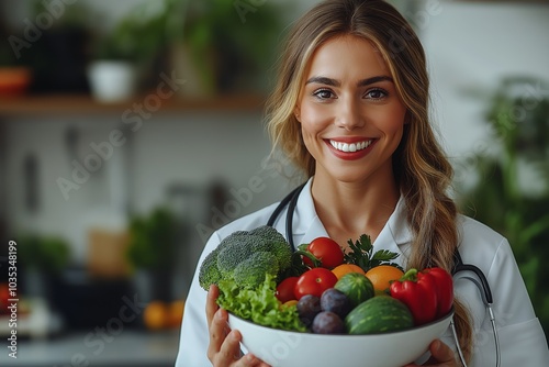 Smiling Nutritionist with Fresh Vegetables Promoting Healthy Eating and Wellness Goals photo