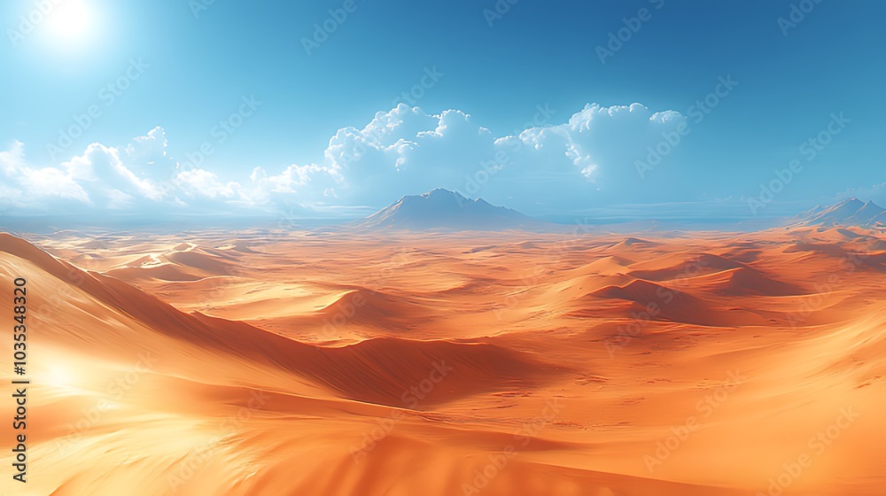 A panoramic view of a vast, sandy desert with rolling dunes, a blue sky with white clouds, and a bright sun shining overhead. A panoramic view of a vast, sandy desert with rolling dunes, a blue sky with white clouds, and a bright sun shining overhead.