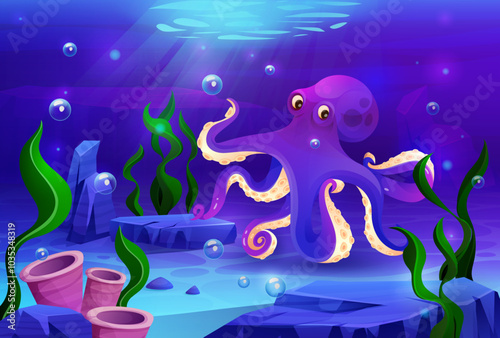 Octopus monster background. Sea Kraken under ocean. Marine underwater animal squid, cartoon aquarium. Swimming mollusk with tentacles, tropical oceanic fauna. Vector cute design, water tidy nature