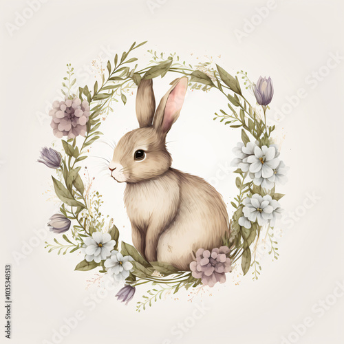 Baby Rabbit Flower Wreath, gentle,soft,bloom,bunny,dpring,easter,baby shower,embrace,harmony,sweet,pastel,nature photo