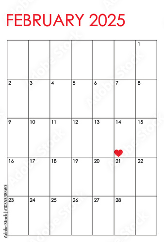 February 2025 month vertical calendar. Simple design in red and black colors and a heart marking Valentine's Day on February 14th