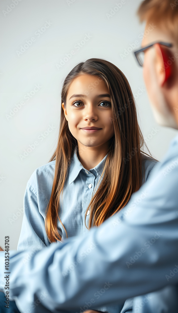 Portrait view of the teenage girl have meeting with therapist at the office isolated with white highlights, png Portrait view of the teenage girl have meeting with therapist at the office isolated with white highlights, png