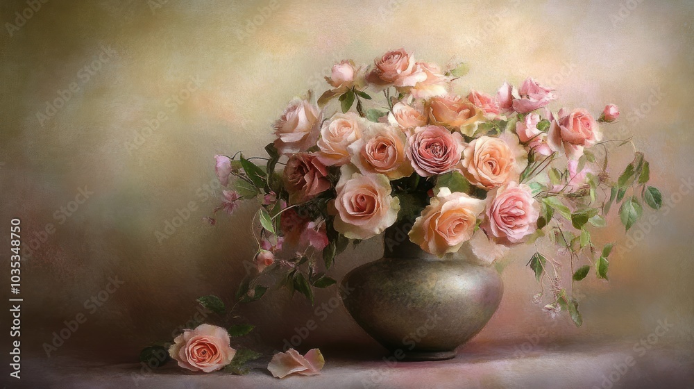 Fototapeta premium A Delicate Bouquet of Pink Roses in a Rustic Vase