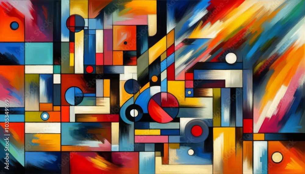 Dynamic abstract composition with vibrant geometric shapes and bold colors, illustrating modern artistic expression and creativity Dynamic abstract composition with vibrant geometric shapes and bold colors, illustrating modern artistic expression and creativity