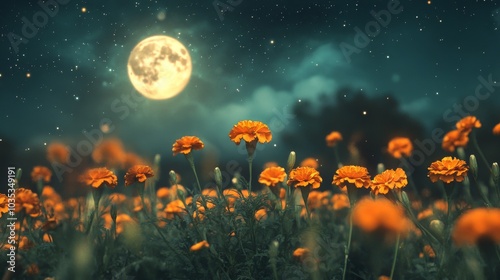 Full Moon Illuminating a Field of Orange Flowers Under a Starry Night Sky